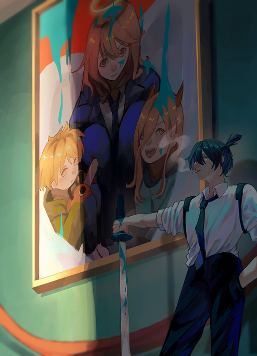 Chainsaw Man characters in front of a painting