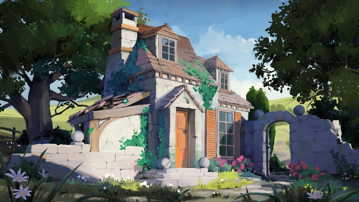 Artwork of a stone house with ivy and trees