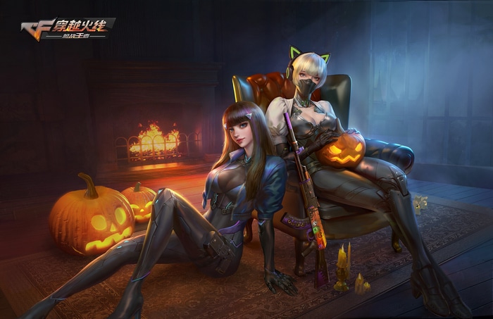 CrossFire Halloween: Two women with weapons and pumpkins