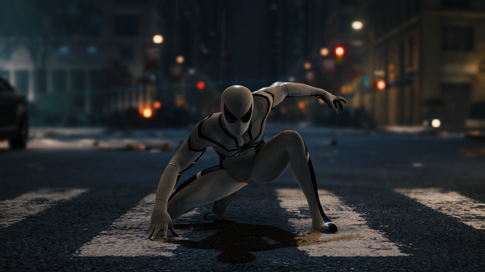 Spider-Man in a white suit crouches on a street
