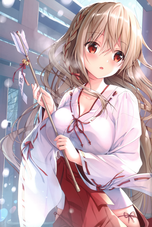 Miko holding an arrow with blonde hair
