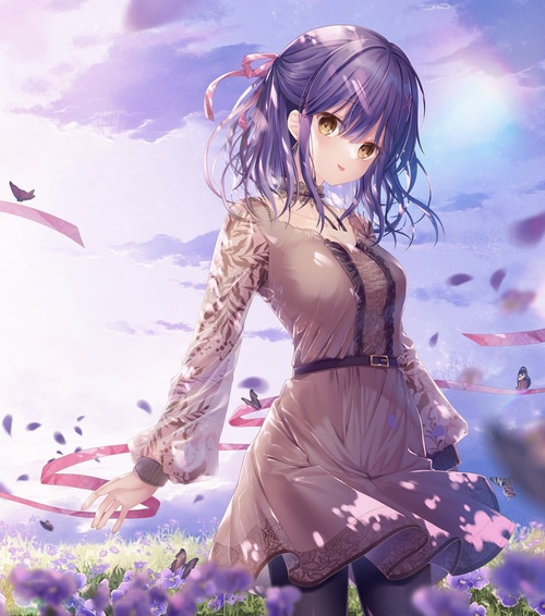 Anime girl with purple hair and yellow eyes in a field