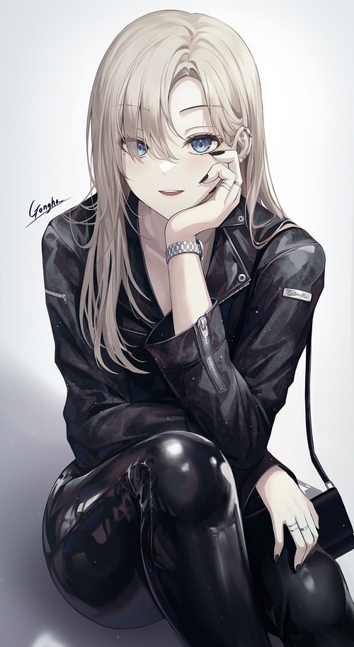 Anime girl with blonde hair and blue eyes in black latex