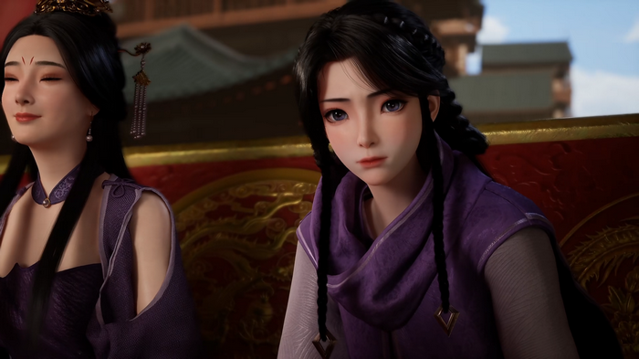 Two women in purple outfits with black hair