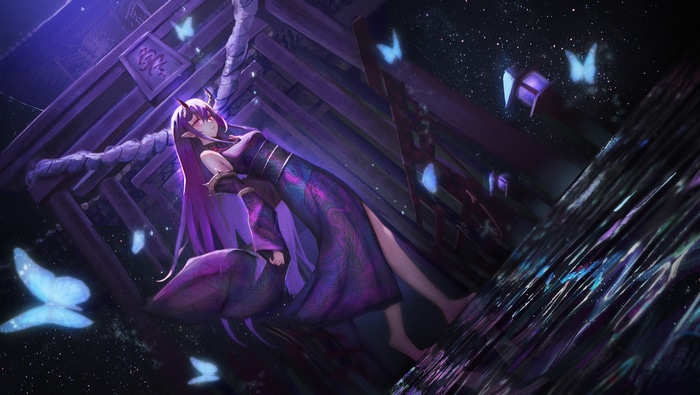 Girl with horns and purple hair with butterflies