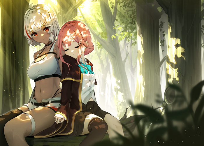 Two women resting in a sunlit forest