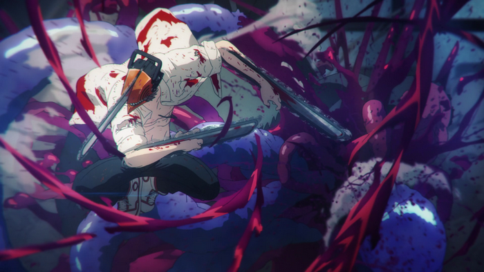 Denji fighting with chainsaws covered in blood