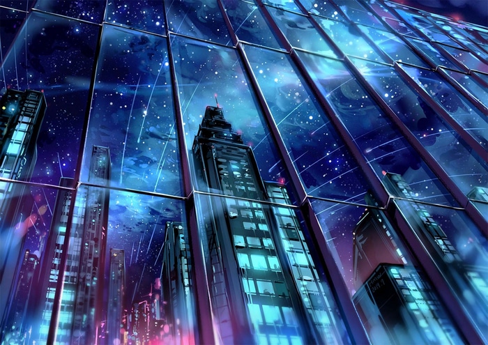 City skyline reflected in glass with shooting stars