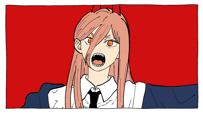 Power from Chainsaw Man with sharp teeth and red eyes