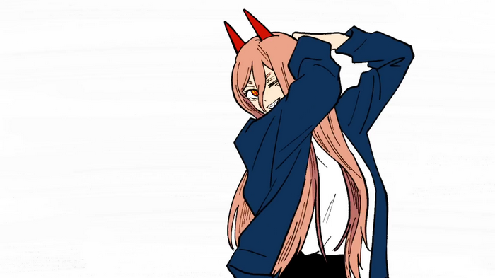 Power from Chainsaw Man adjusting her hoodie