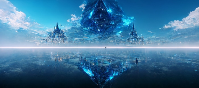 Fantasy art of sky palaces reflected in water