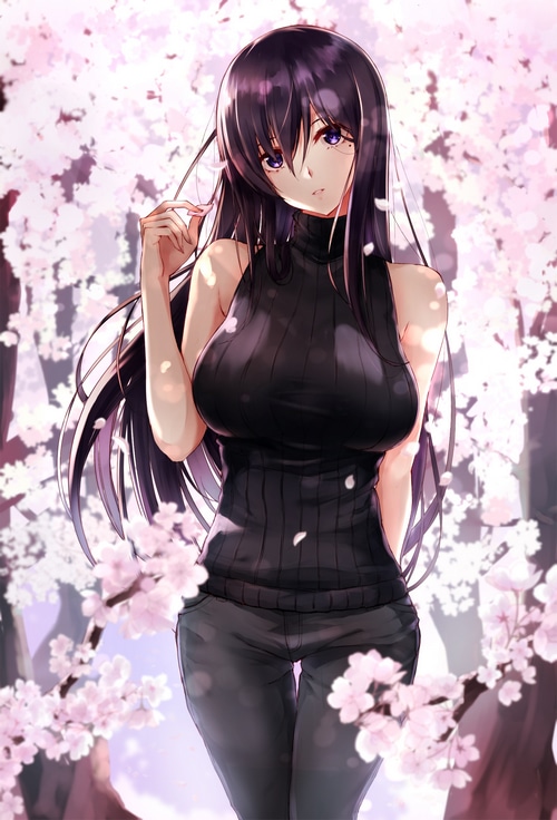 Anime girl with dark hair and flowers
