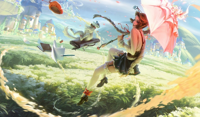 Fantasy girl with umbrella and fox floating