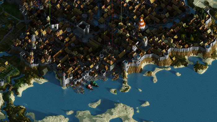 Minecraft city with a lighthouse and harbor
