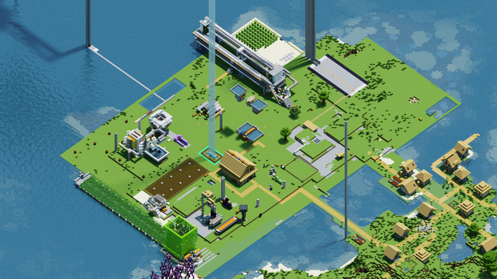 Minecraft island with village and industrial complex