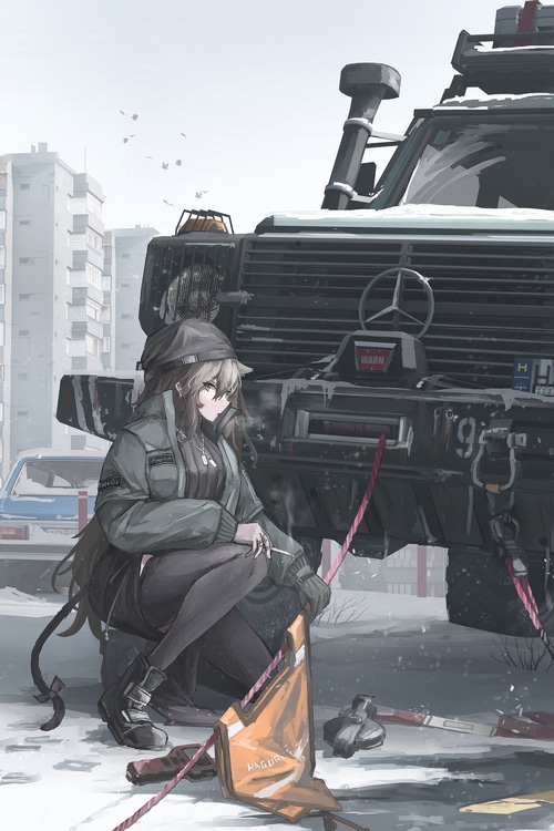 Girl smoking next to a Mercedes-Benz G-Class in the snow
