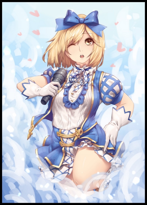 Djeeta from Granblue Fantasy singing with a microphone