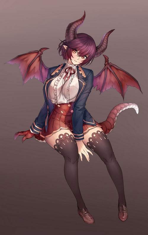 Dragon girl with horns and wings in school uniform