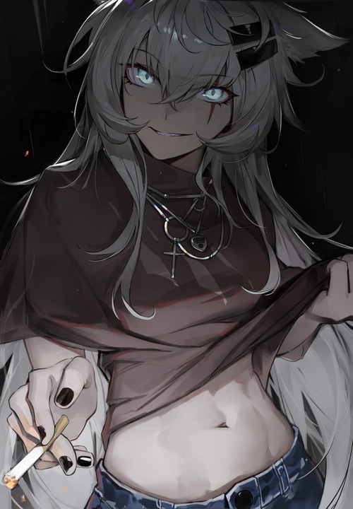Lappland from Arknights holding a cigarette