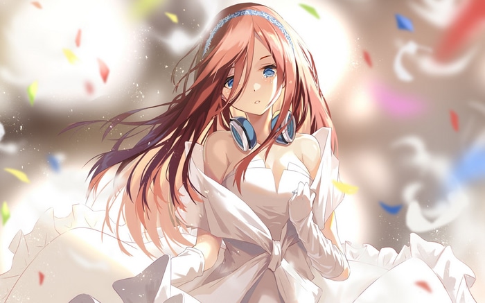 Nakano Miku in Wedding Dress with Headphones