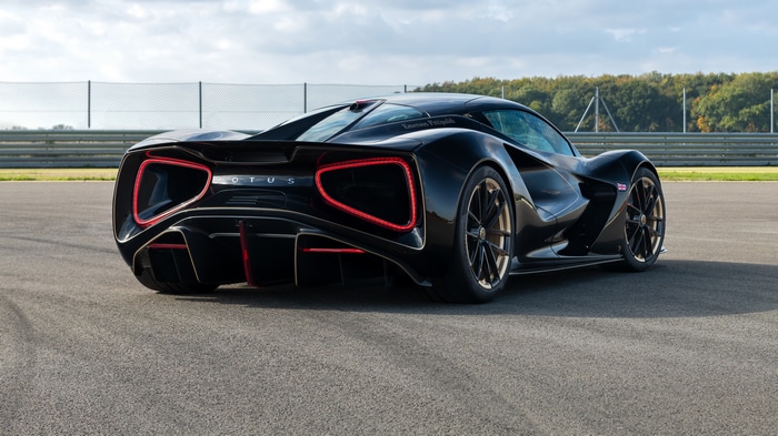 Black Lotus Evija electric hypercar on a racetrack
