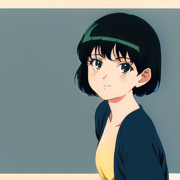 Anime girl with short black hair and blue eyes