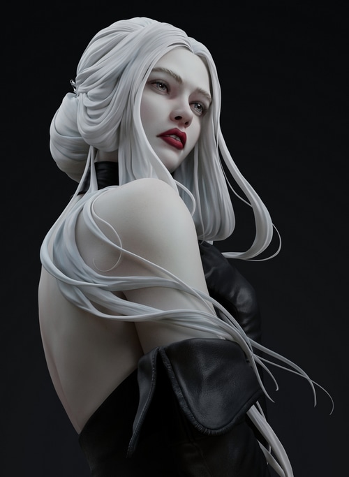 Woman with white hair and red lipstick