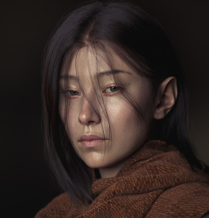4K Asian woman with dark hair and brown scarf