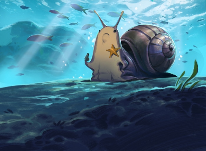 Underwater scene with a snail and fish