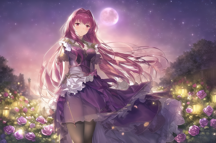 Scathach from Fate/Grand Order in a garden at night