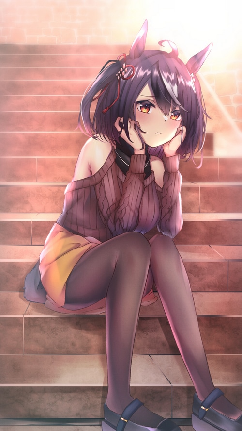 Kitasan Black from Uma Musume Pretty Derby sitting on stairs