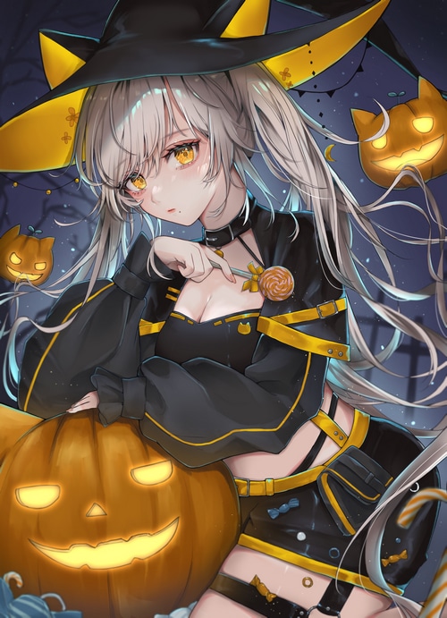Anime witch girl with lollipop and pumpkins