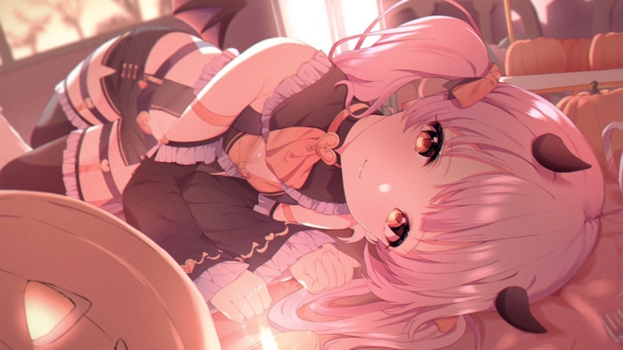 Halloween succubus girl with pink hair and horns