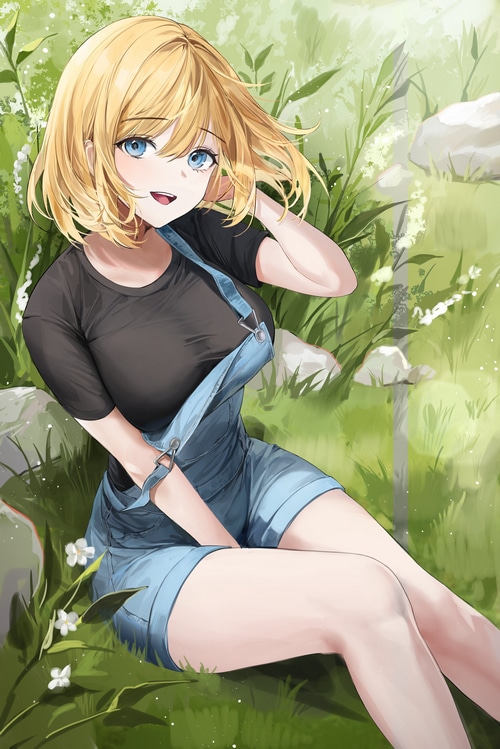 Girl in jeans overalls sitting in grass