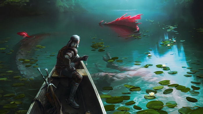 4K The Witcher: Geralt of Rivia in a boat with a creature