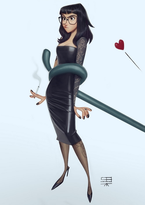 Woman in black dress with tentacles and cigarette