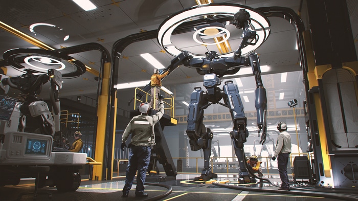 4K futuristic science fiction robot hangar
