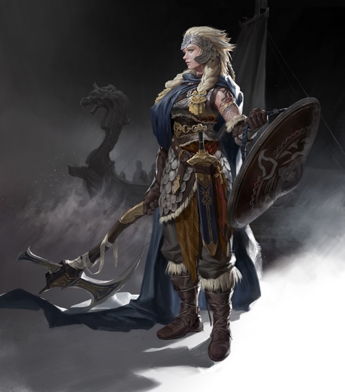 Viking warrior woman with axe and shield