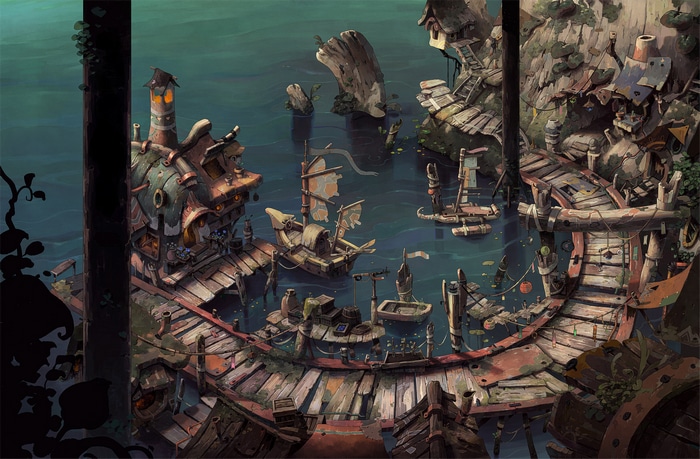 Fantasy harbor with boats and rustic buildings