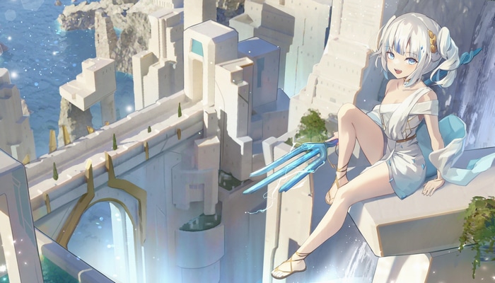 Gawr Gura with a Trident in a Fantasy City