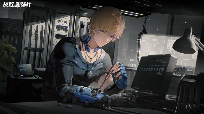 Lee from Punishing: Gray Raven working on a cyborg arm