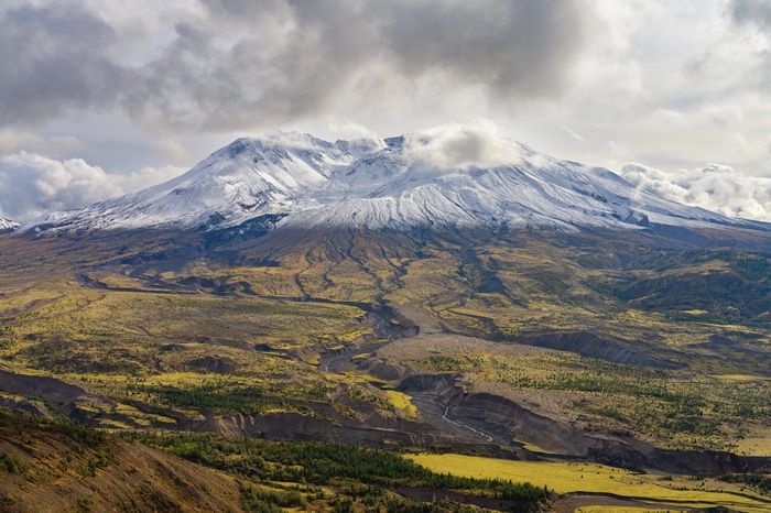 Mount St. Helens, Washington, USA, with snow and clouds