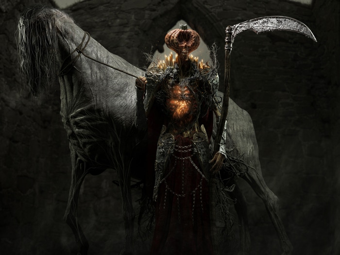 4K Dark Fantasy Creature with Pumpkin Head and Scythe