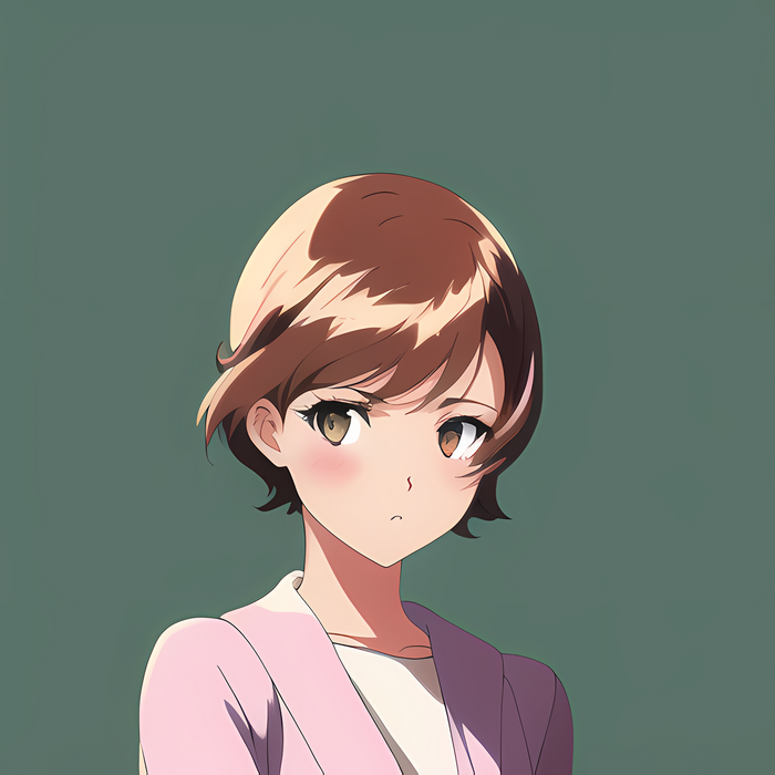 Anime girl with short brown hair and pink jacket