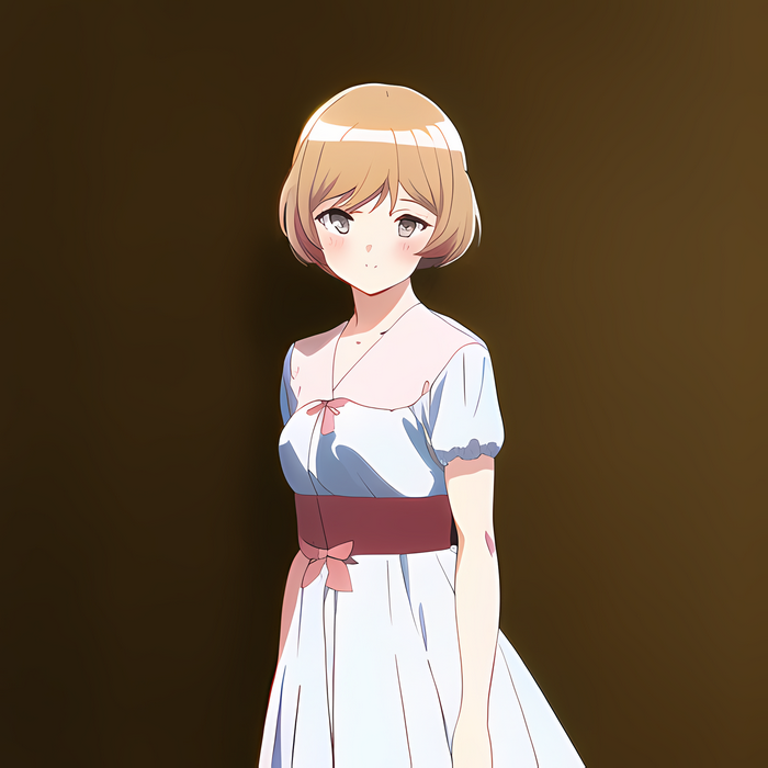 Anime girl with blonde short hair in a white dress