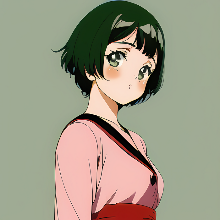 Anime girl with green hair and pink kimono