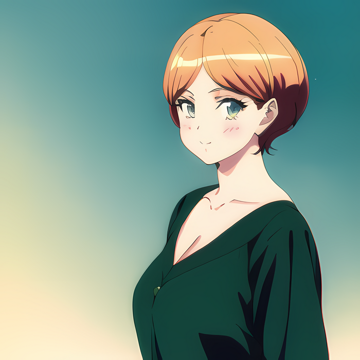 Anime girl with short orange hair and green eyes