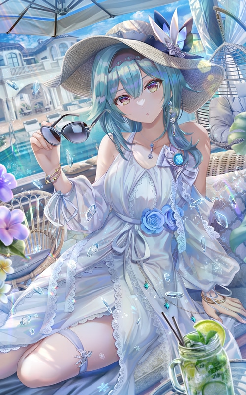 Eula in a white dress with a hat and sunglasses by the pool