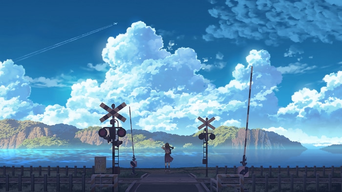 4K anime scene with clouds and a girl