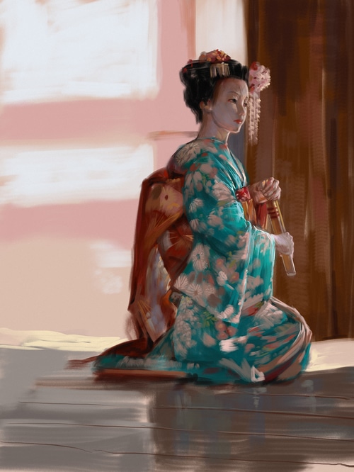Geisha in a blue kimono with floral patterns